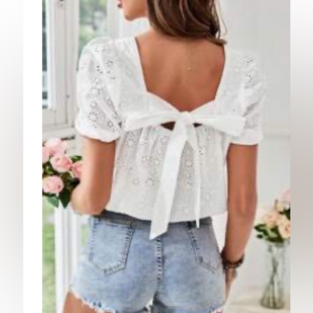 White Eyelet Lace Bow Back Top